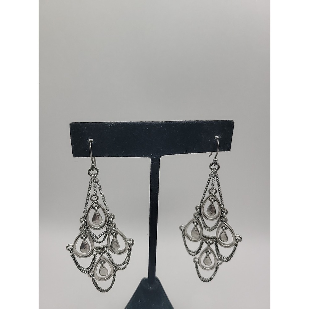 Vintage Silver Tone Chandelier Earrings Pierced Teardrop Dangle Chain Boho Gypsy